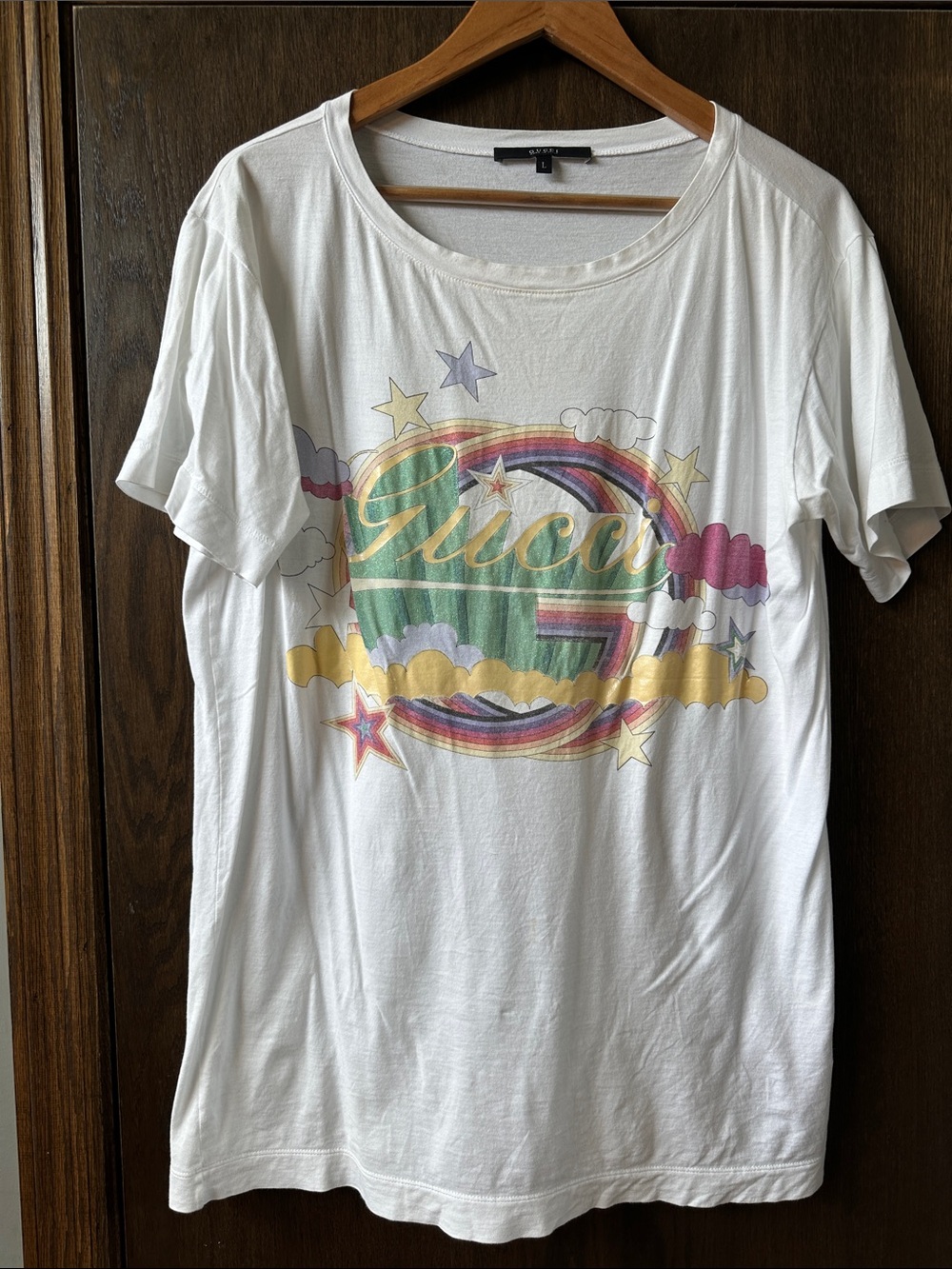 Gucci White Tee with Pastel Rainbow Logo and Stars
